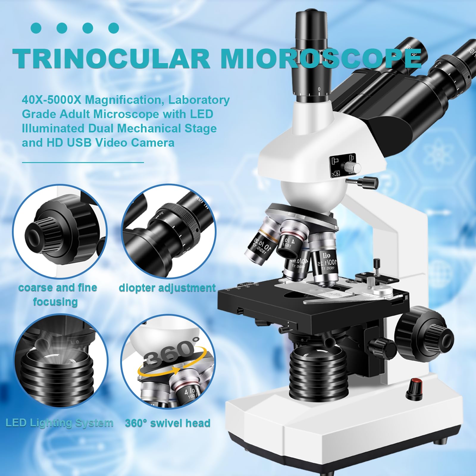 顕微鏡、40X-5000X Amazon.com: Woehrsh Trinocular Microscope 40X-5000X Magnification